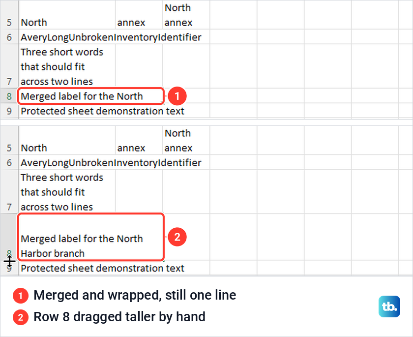 Excel merged cell A8:B8 wrapped but one line high, then shown in full after resizing.