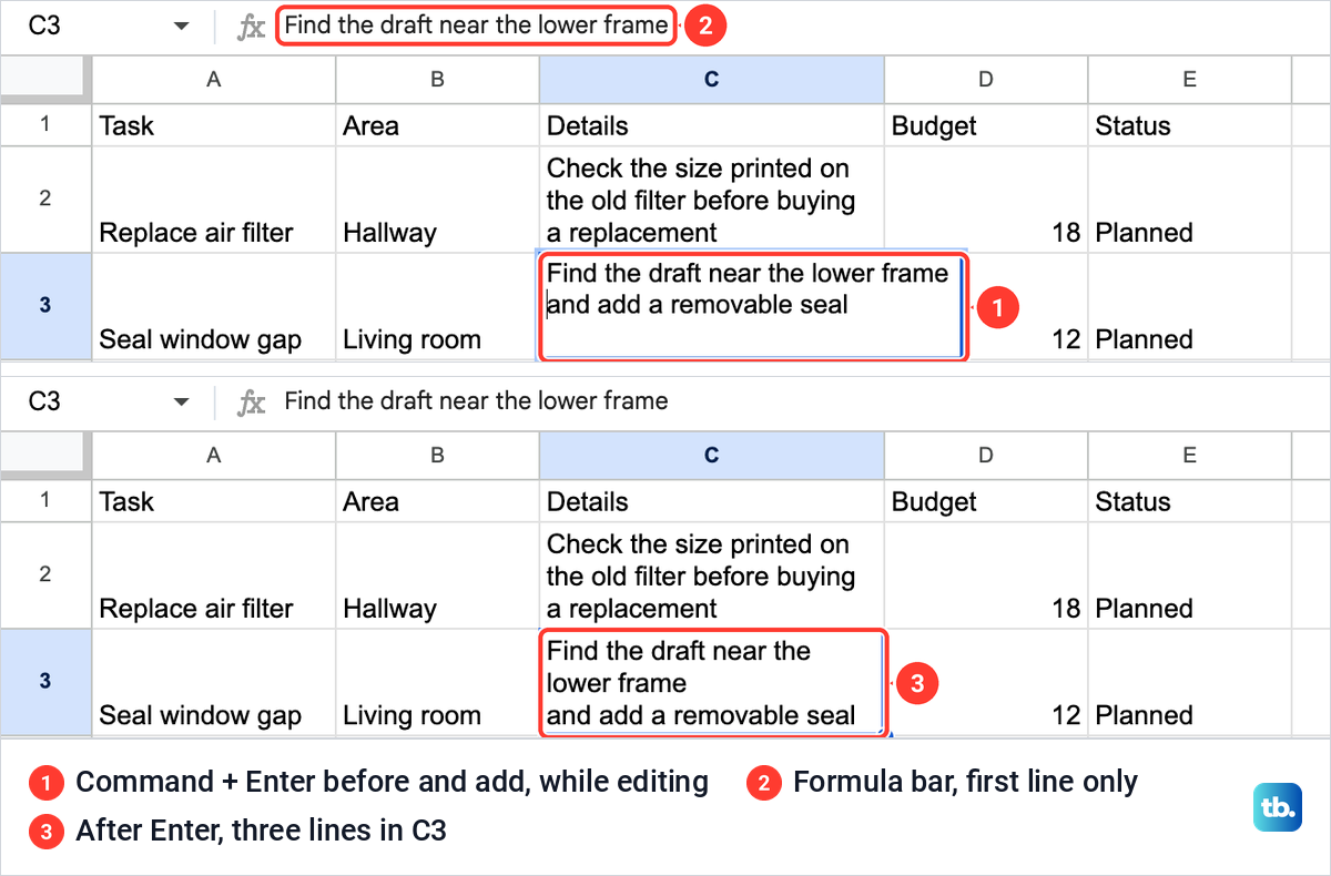 Cell C3 in Google Sheets being edited with a new line before the words and add, then shown on three lines.