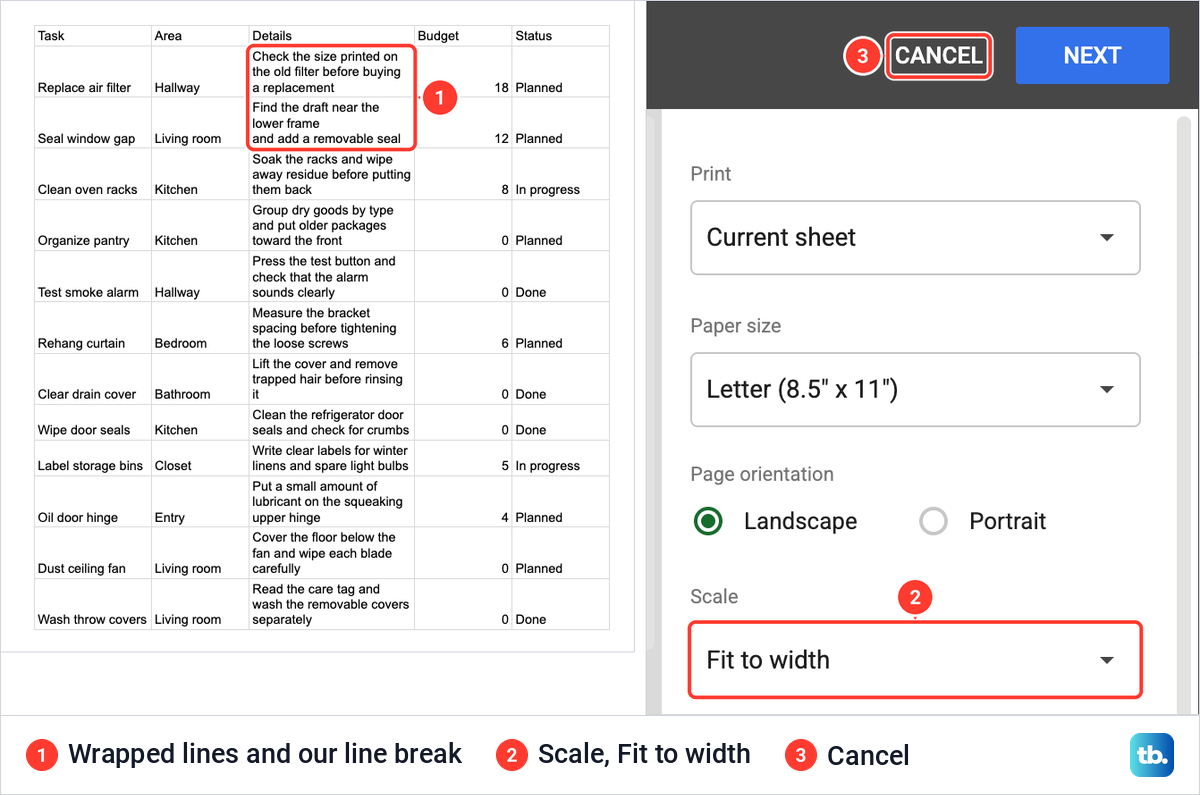 Google Sheets Print settings with a page preview of the wrapped Details column beside the Scale and Cancel controls.