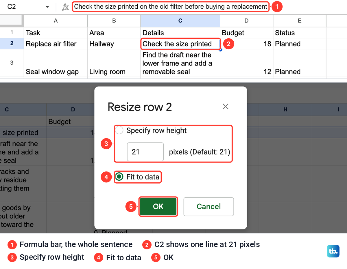 A wrapped cell showing one line in a row set to 21 pixels, above the Resize row 2 box with Fit to data selected.