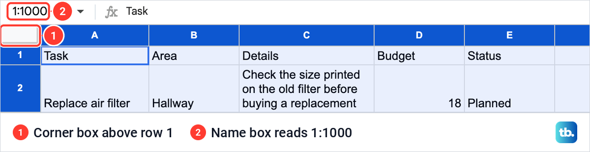 The whole Google Sheets grid selected from the corner box, with every column letter and row number highlighted in blue.