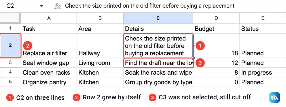 Cell C2 in Google Sheets wrapped onto three lines in a taller row, with the cell below still cut off.