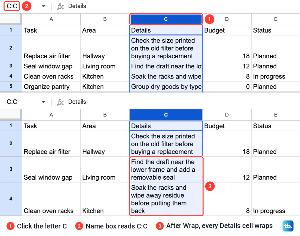 Column C selected in Google Sheets with the Name box reading C:C, then every Details cell wrapped onto several lines.
