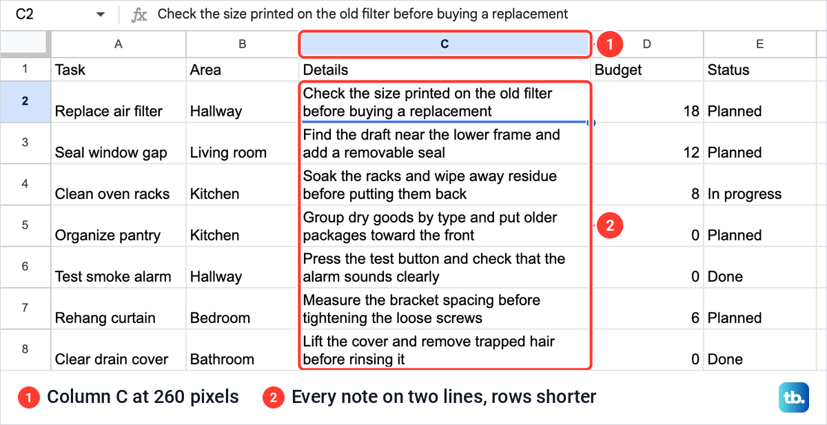 Column C widened to 260 pixels in Google Sheets, with every wrapped note now taking two lines in shorter rows.