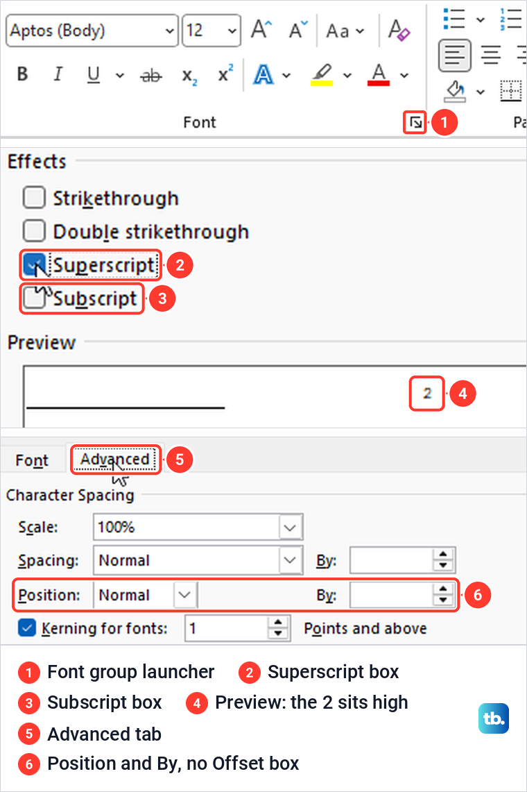 Word Font dialog with the Superscript box ticked, a raised preview and the Advanced tab Position setting.