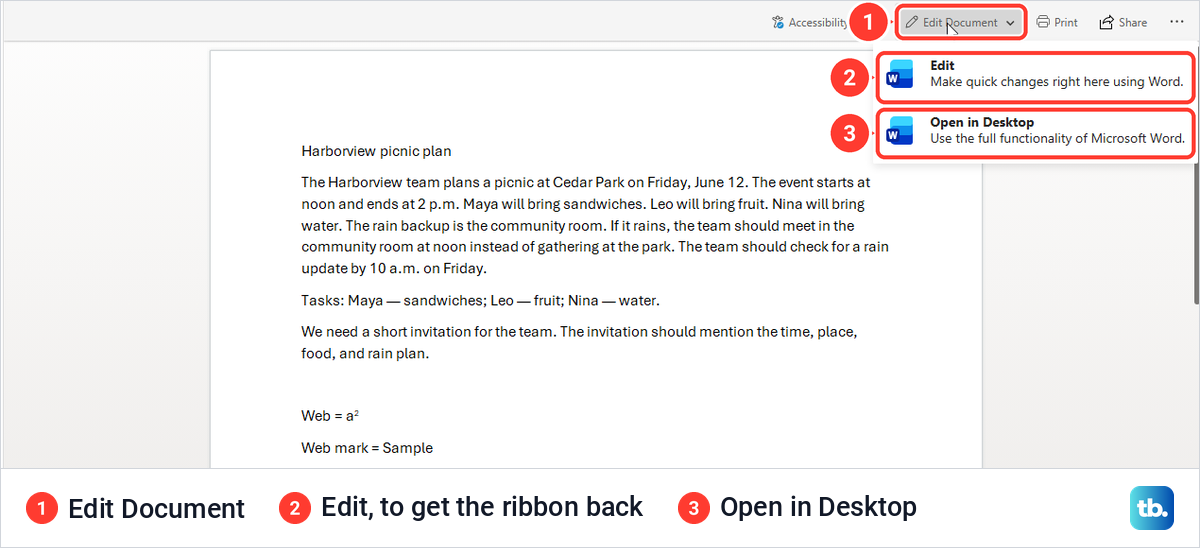 Word for the web reading view with the Edit Document menu open and the Edit option.