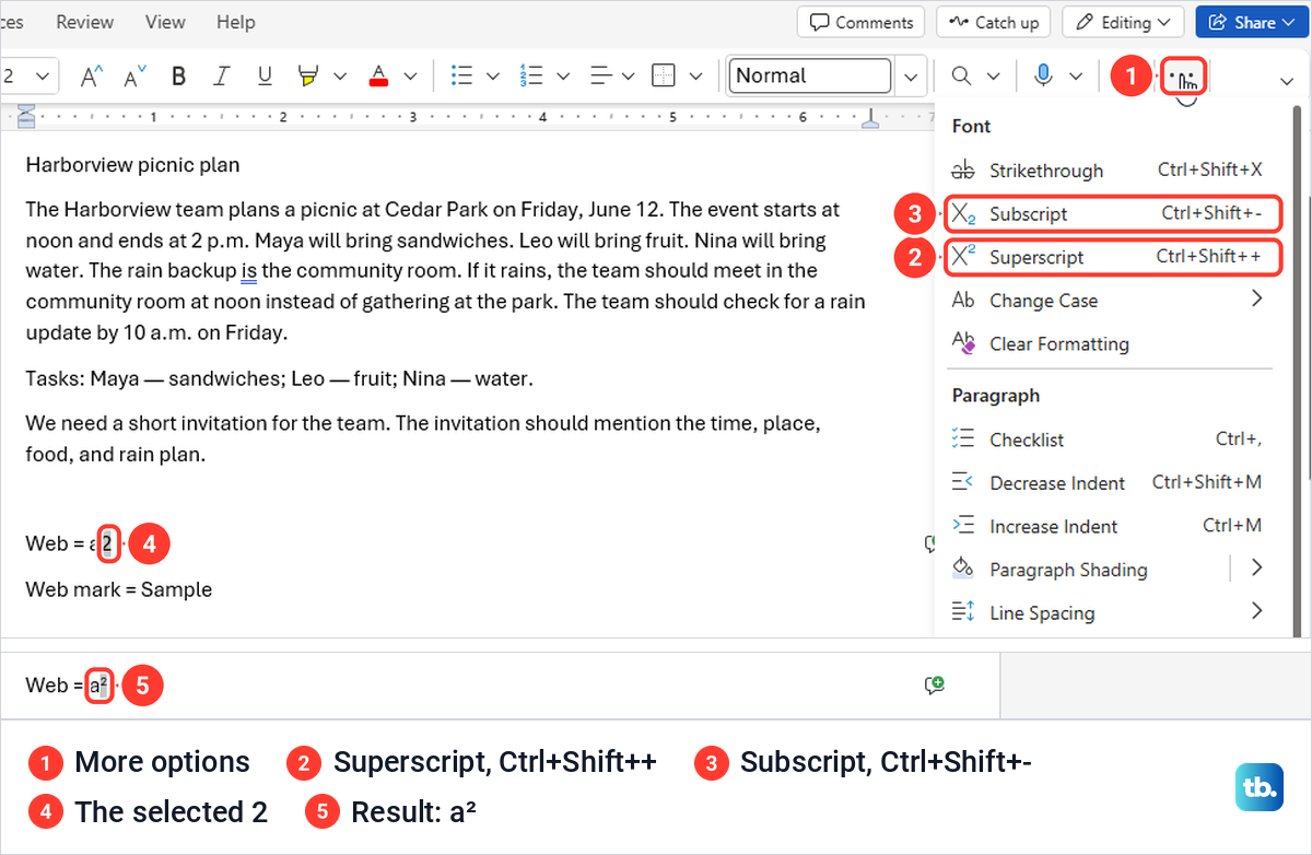 Word for the web More options menu listing Superscript and Subscript with shortcuts, and the raised result.