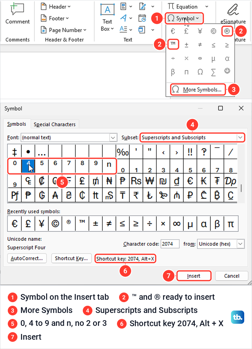 Word Insert Symbol gallery and the Symbol dialog showing the Superscripts and Subscripts subset.