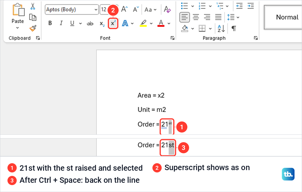 Word line with a raised st in 21st selected, then the same ordinal back on the line after Ctrl Space.