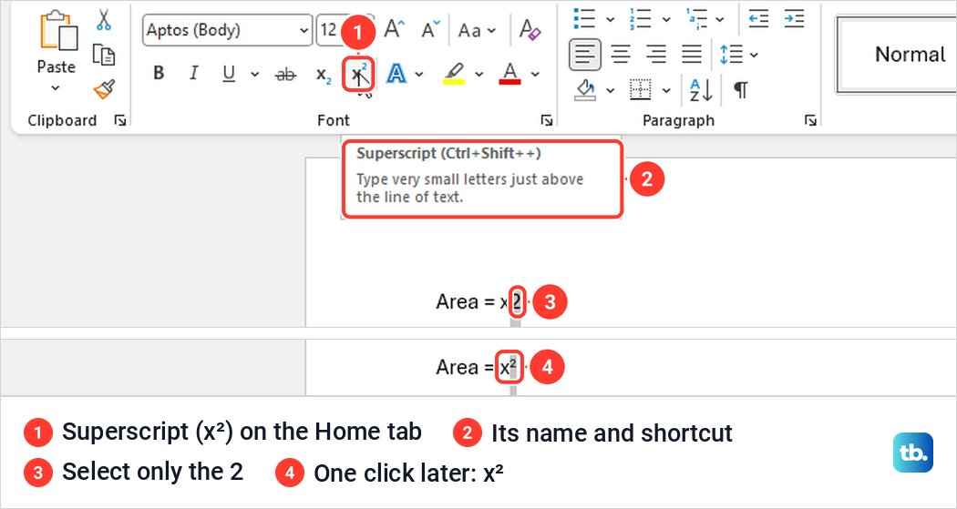 Word Home tab with the Superscript button tooltip and a selected 2 raised into x squared.