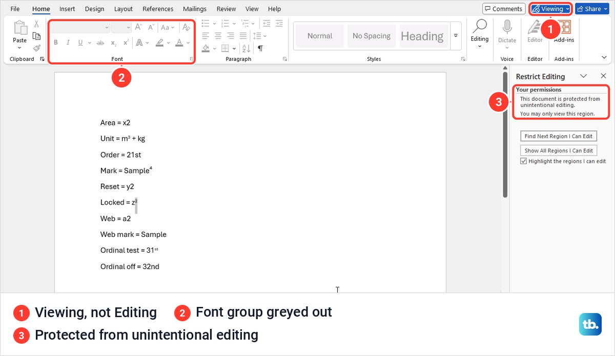 Word document under Restrict Editing with the Font group greyed out and the mode button set to Viewing.