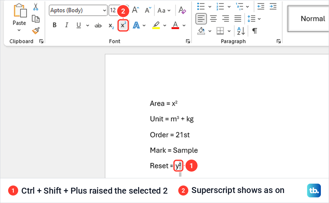 Word document where Ctrl Shift Plus raised the 2 in y squared and the Superscript button is highlighted.