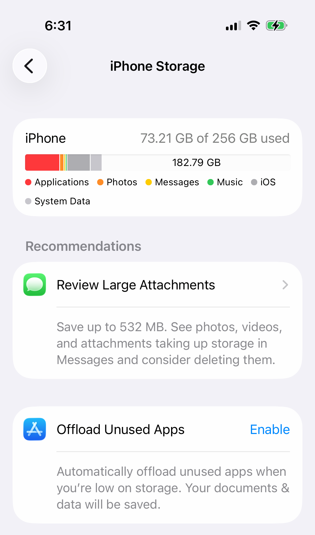 iPhone Storage screen with the used-space bar and the Offload Unused Apps recommendation