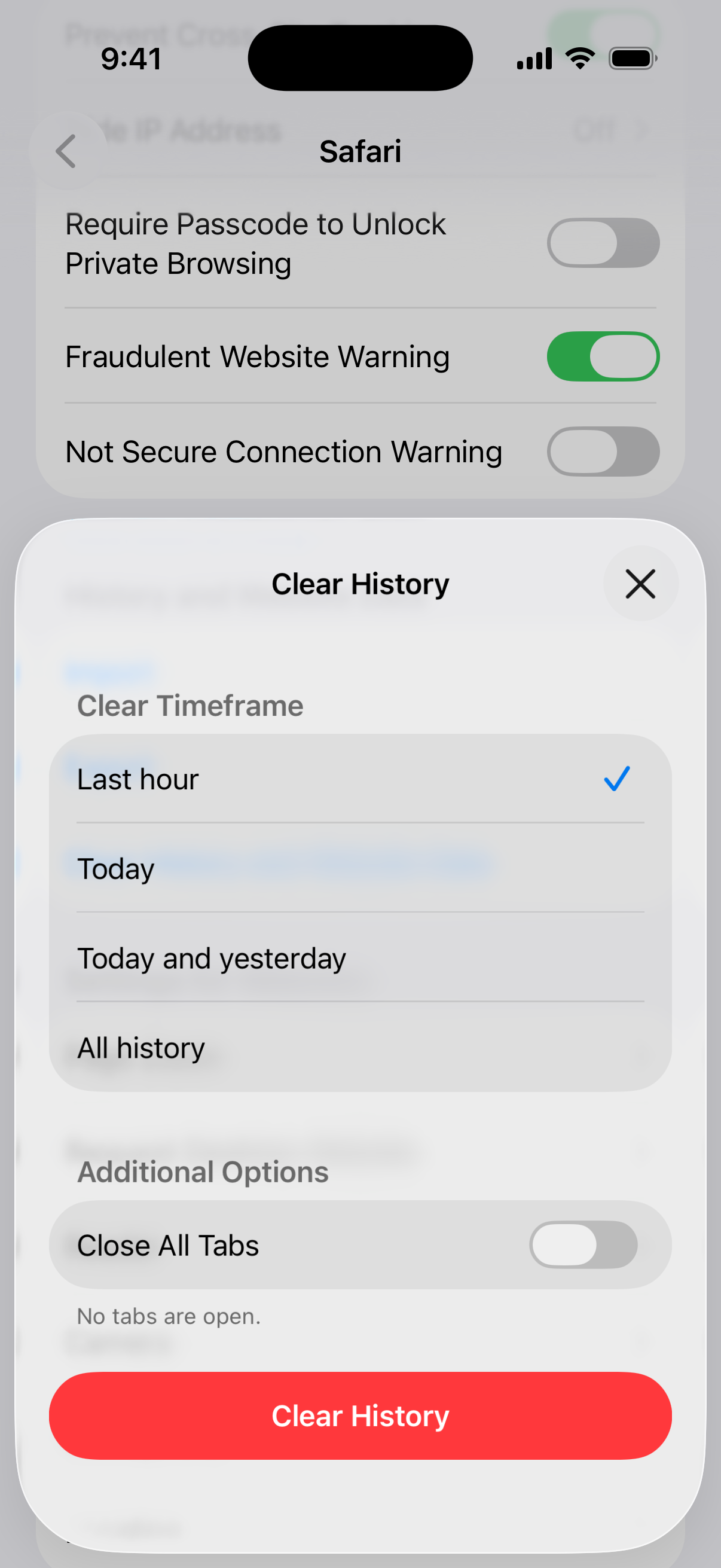 Safari Clear History sheet with Last hour, Today, Today and yesterday and All history options