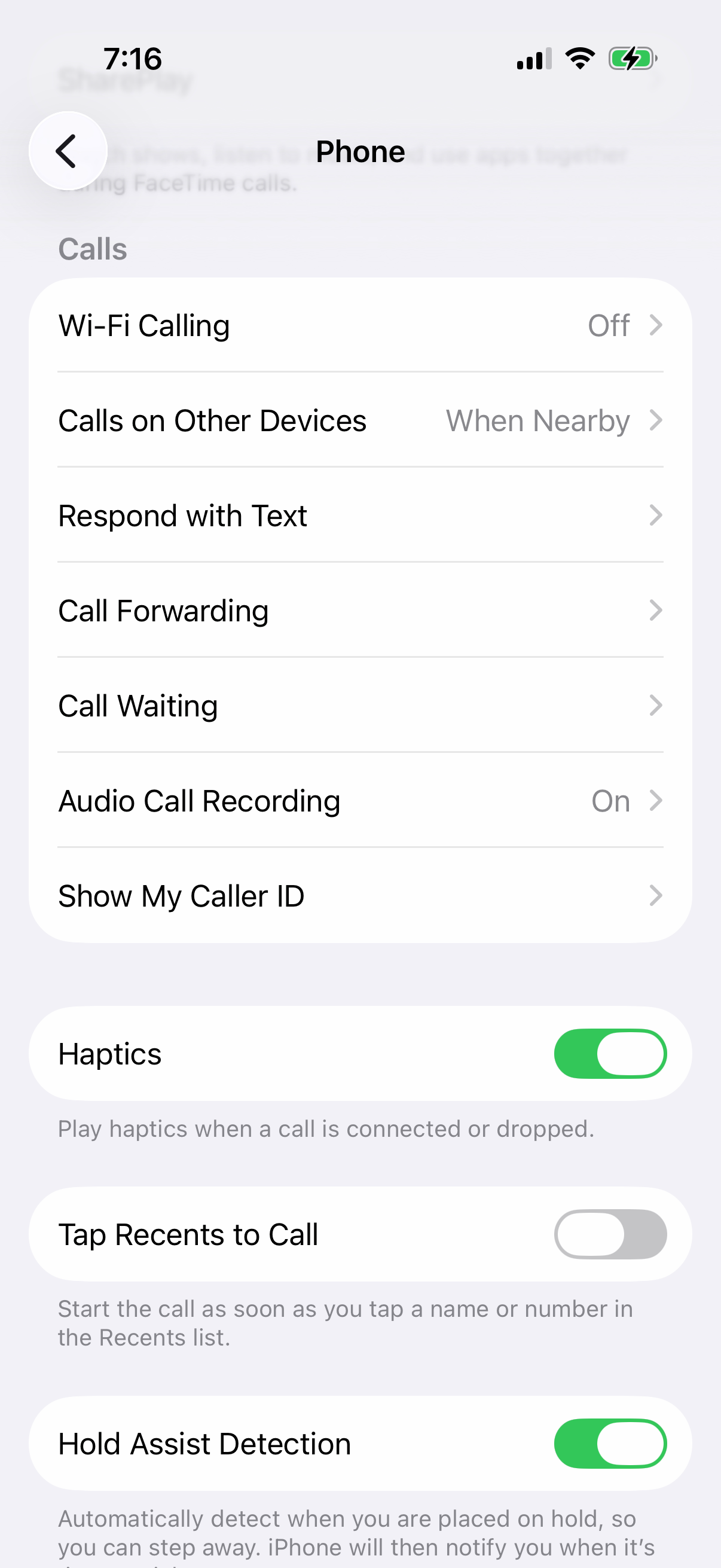 iPhone Phone settings Calls section with Wi-Fi Calling, Call Forwarding, Call Waiting and Show My Caller ID