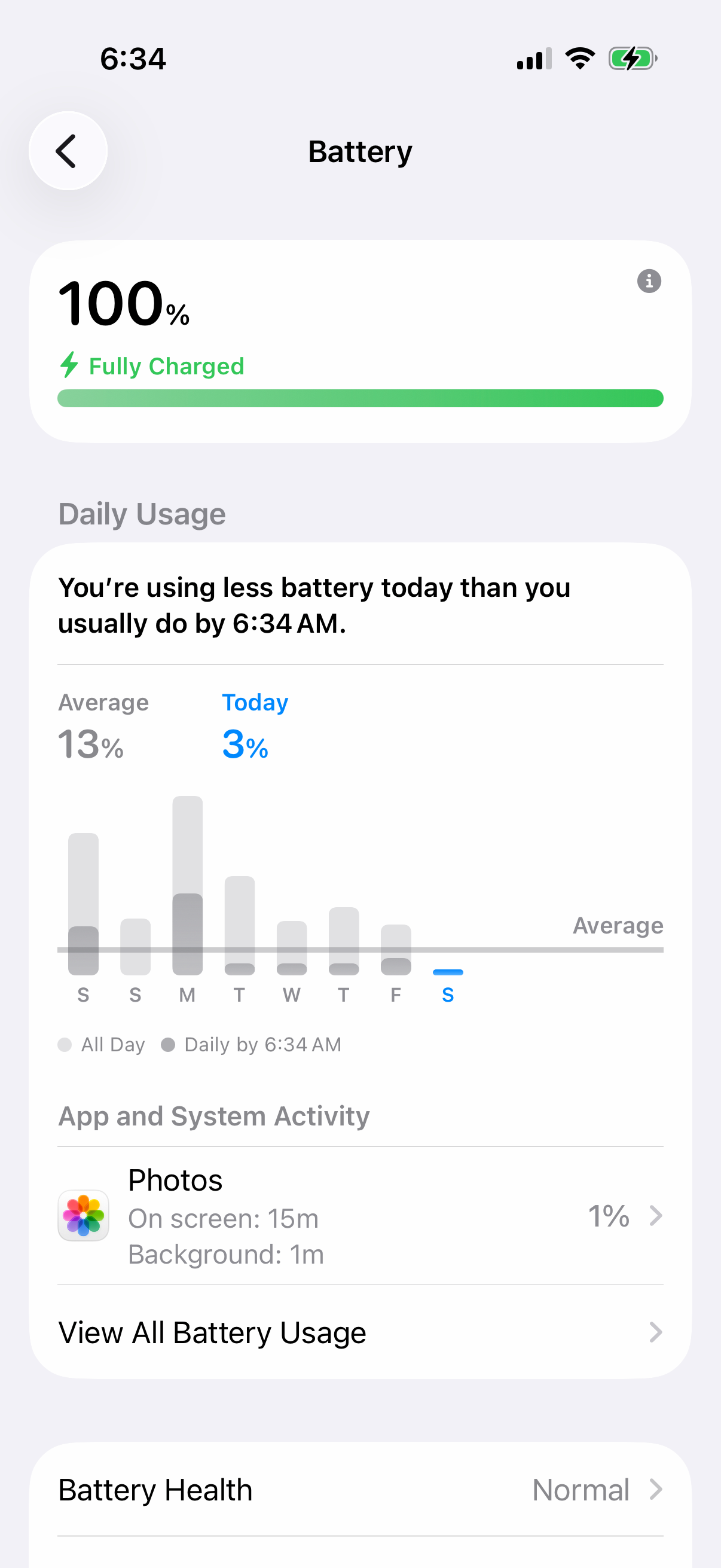 iPhone Battery settings with the Daily Usage chart, App and System Activity and Battery Health