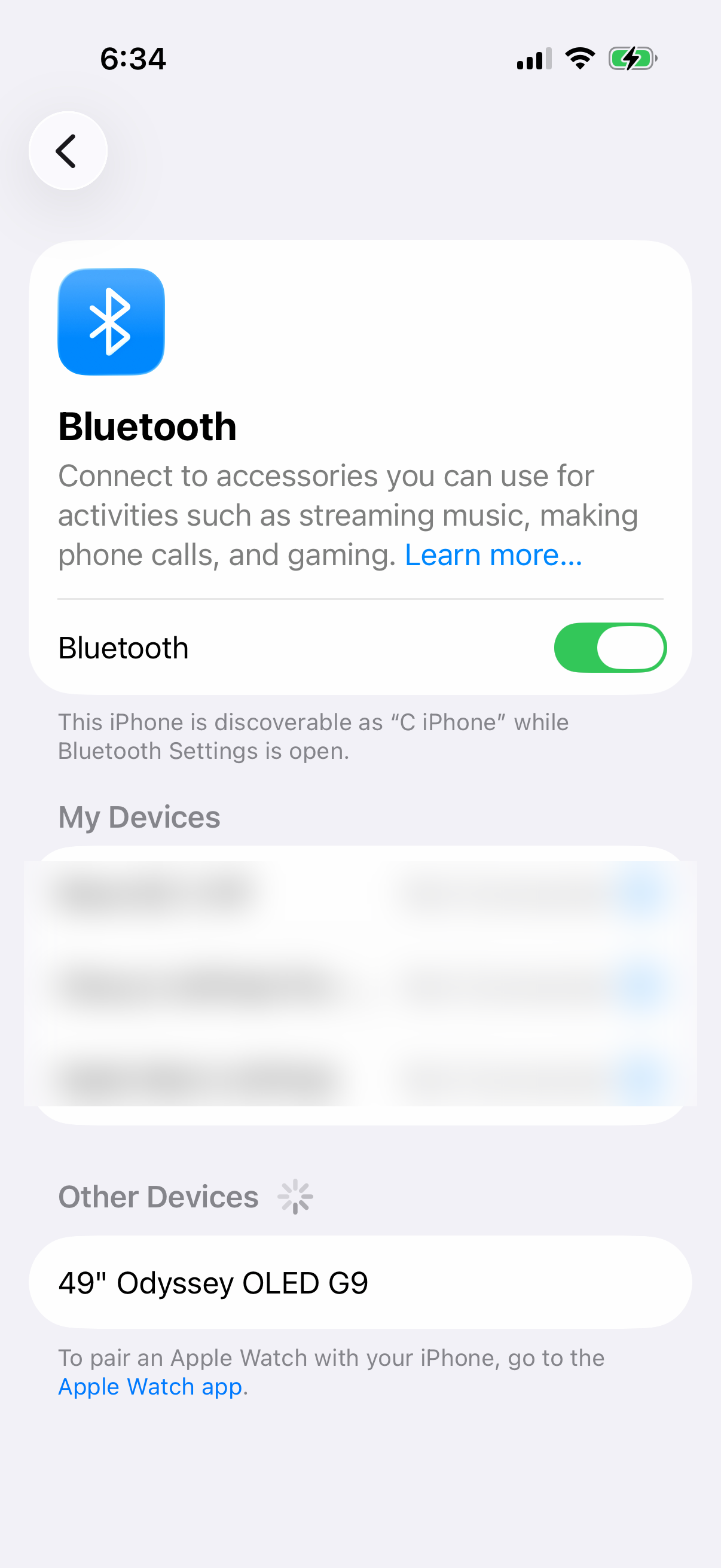 iPhone Bluetooth settings with the main Bluetooth switch on and the device list below
