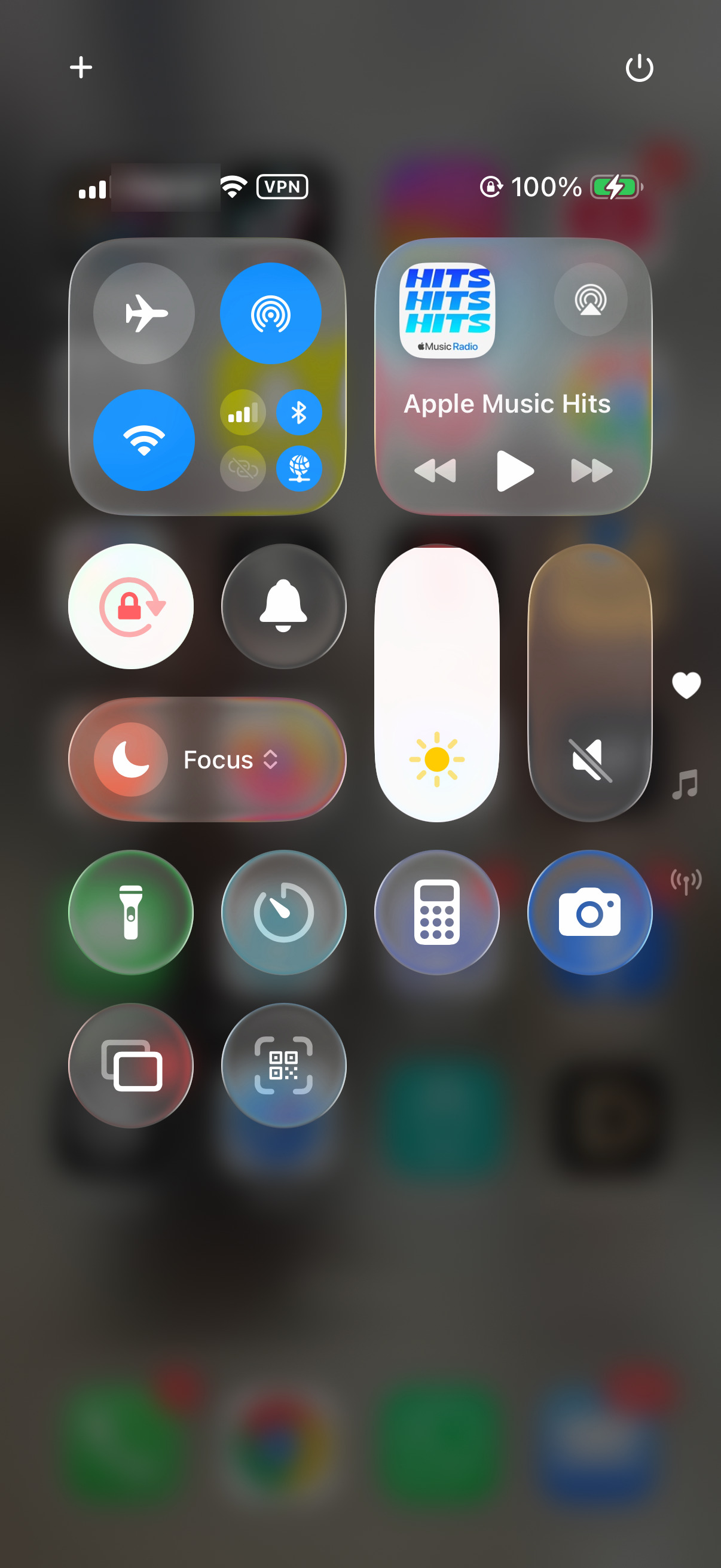 iPhone Control Center with the Silent mode bell button and the Focus button