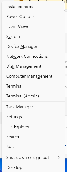 Windows 11 Windows X quick link menu with Installed apps, Power Options, Device Manager, Terminal (Admin), Task Manager, Settings and Run