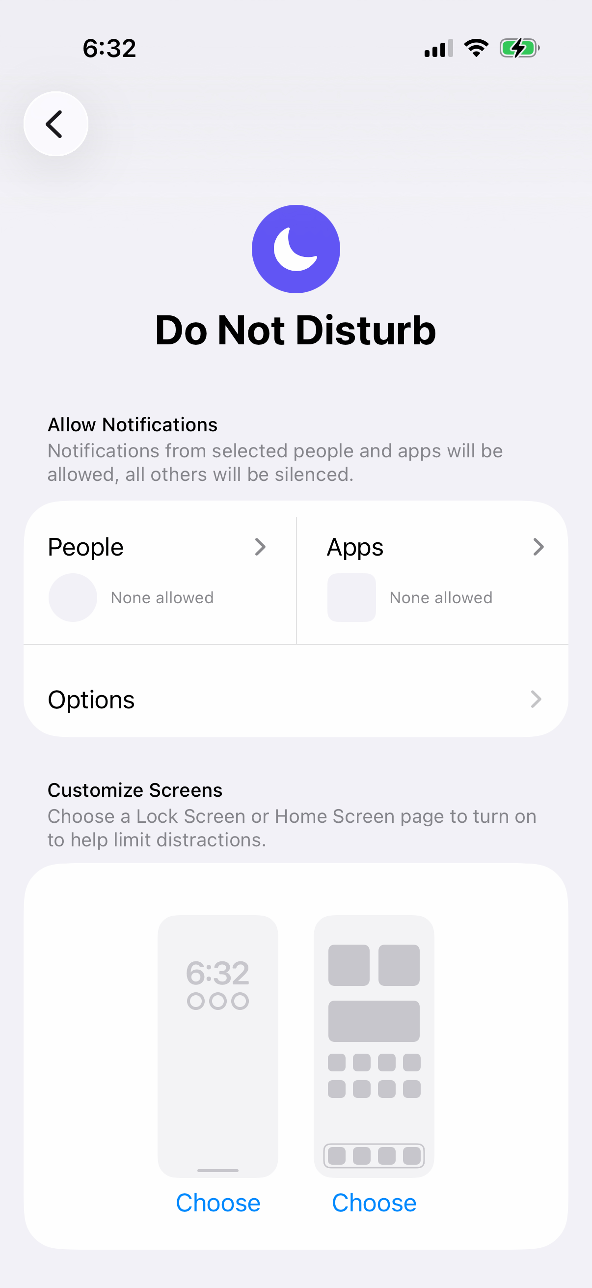 iPhone Do Not Disturb Focus settings with Allow Notifications from People and Apps