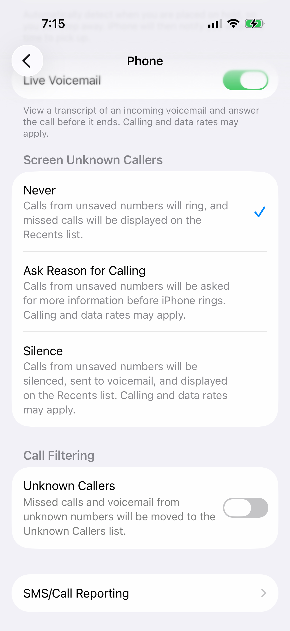 iPhone Phone settings with Screen Unknown Callers set to Never and the Call Filtering Unknown Callers switch