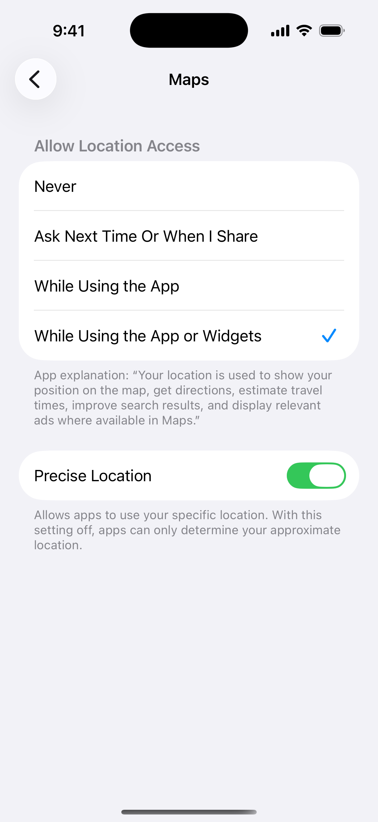 iPhone Location Services options for an app with Never and While Using the App