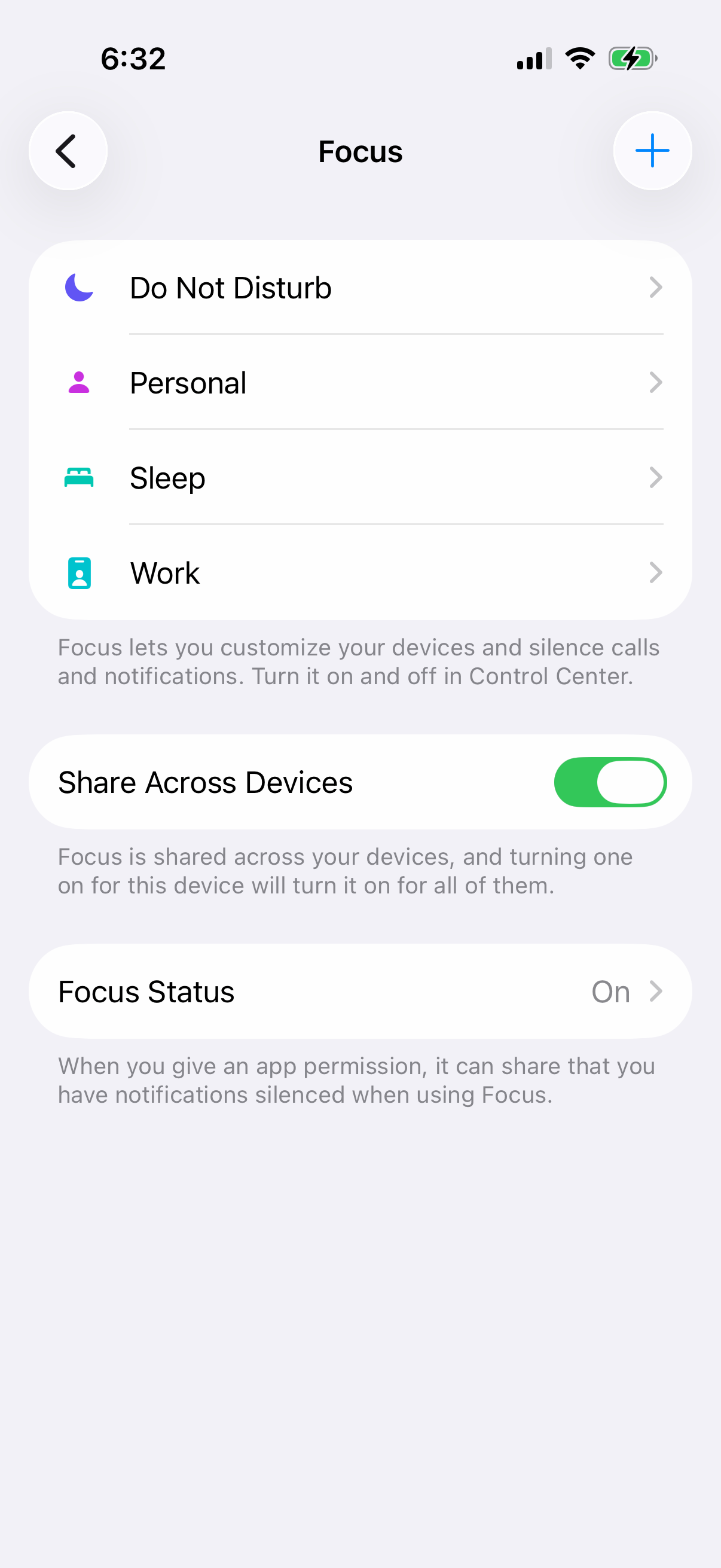 iPhone Focus settings listing Do Not Disturb, Personal, Sleep and Work with Share Across Devices