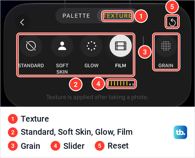 Photographic Styles Texture tab on iPhone 18 Pro Max with Standard, Soft Skin, Glow, Film and Grain