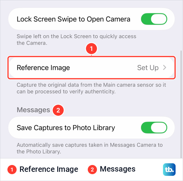 iPhone Camera settings with the Reference Image row and its Set Up button