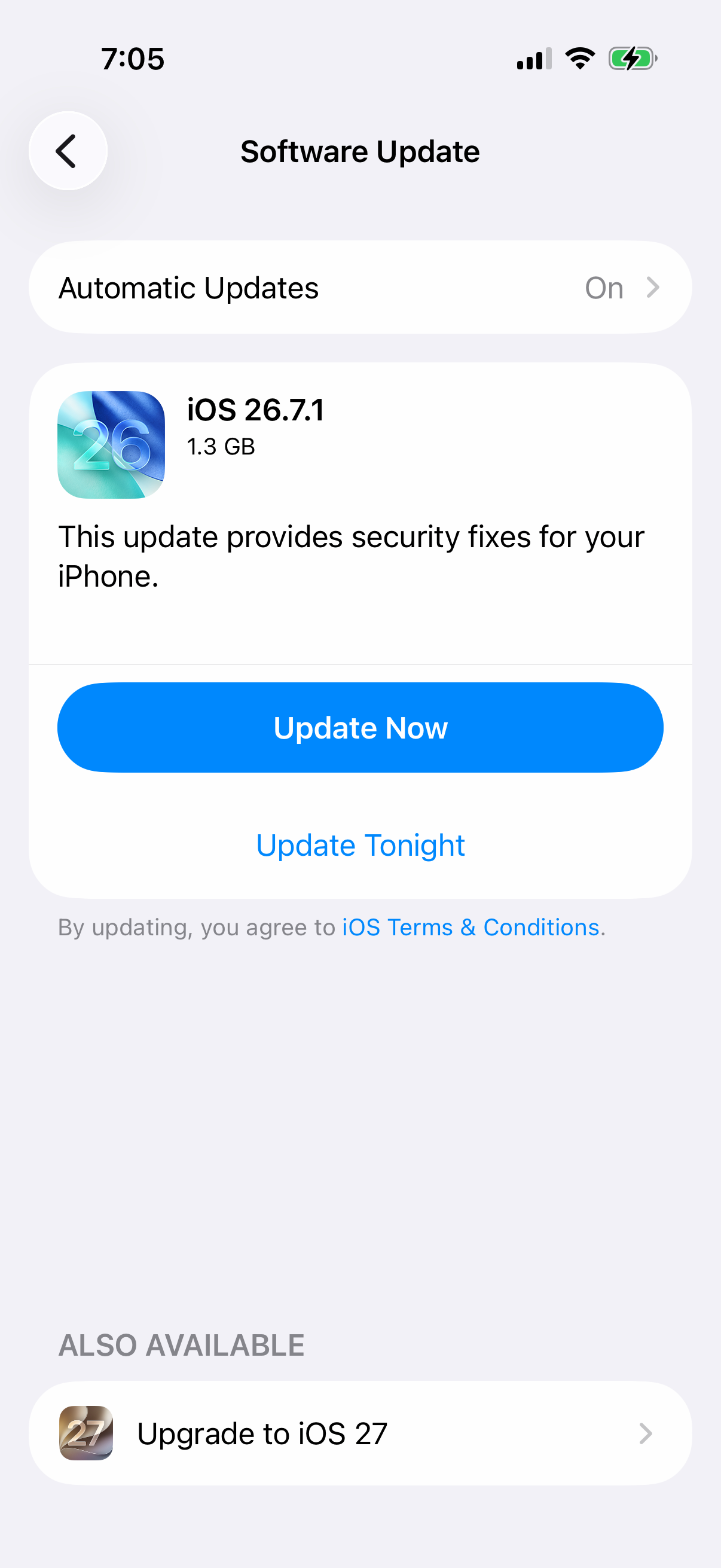 iPhone Software Update screen offering iOS 26.7.1 with Update Now and Update Tonight buttons
