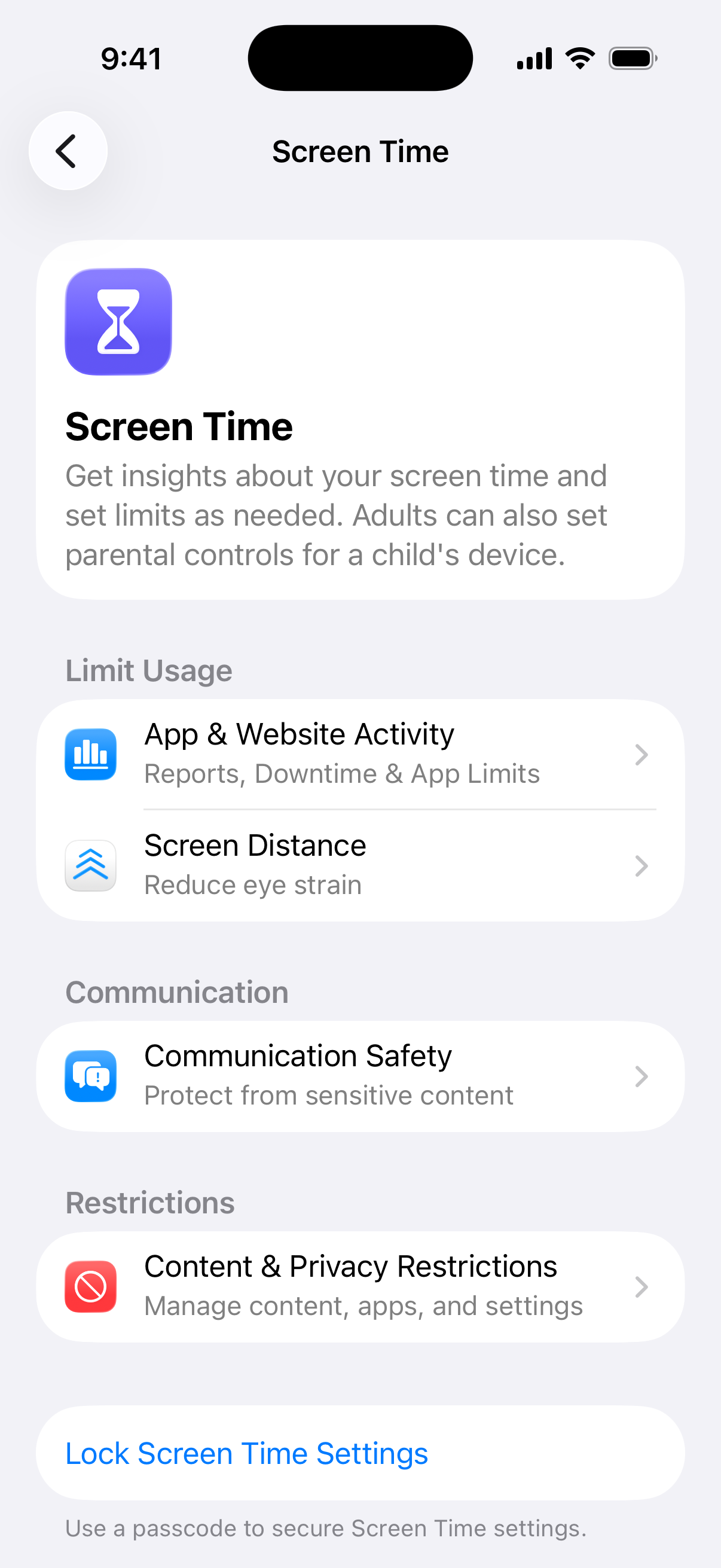 iPhone Screen Time settings with App & Website Activity and Content & Privacy Restrictions