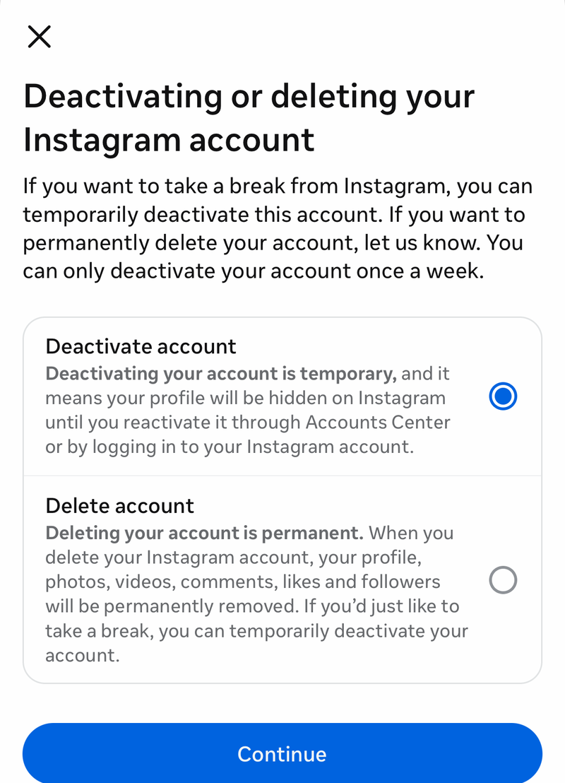 Instagram deactivate or delete screen explaining that deactivation is temporary