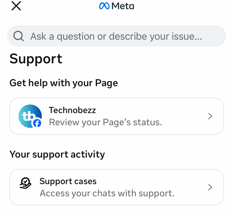 Facebook Support screen on iPhone with question search, Support cases and common topics