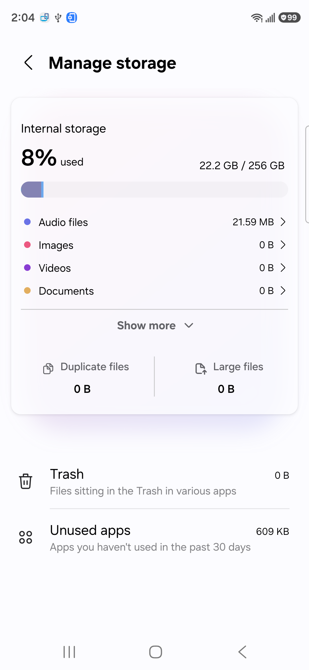 Samsung Galaxy Manage storage screen with internal storage used, file categories, duplicate and large files, Trash and Unused apps