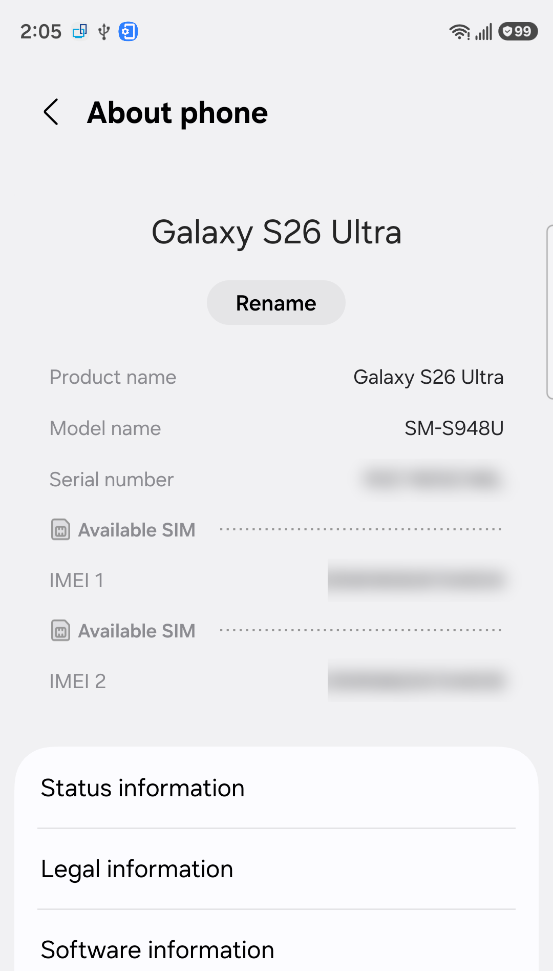 Samsung Galaxy About phone screen with Rename, Status information, Legal information and Software information