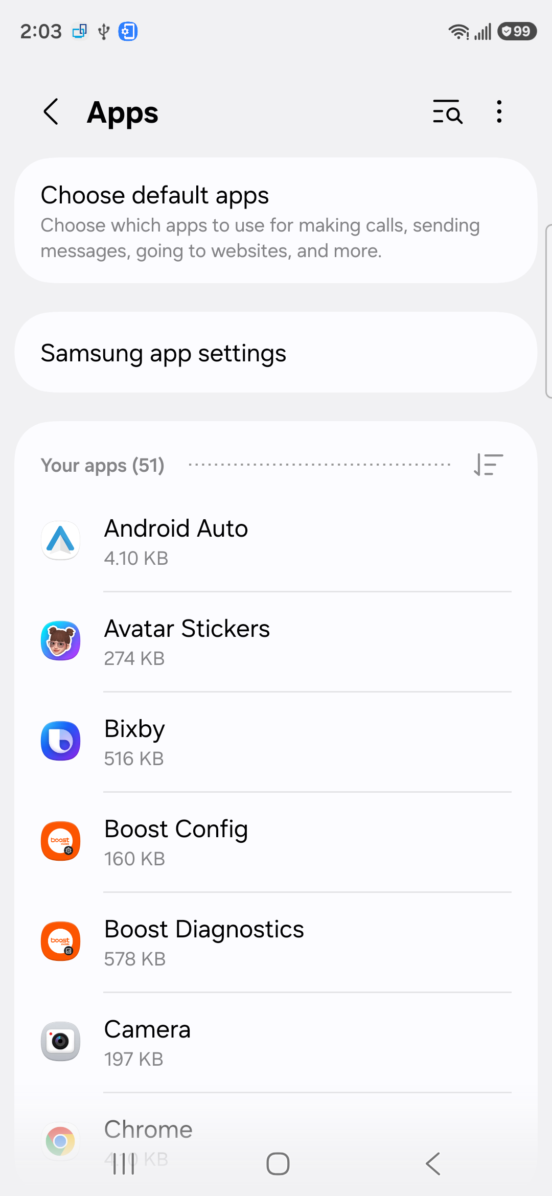 Samsung Galaxy Settings Apps screen with Choose default apps and the Your apps list