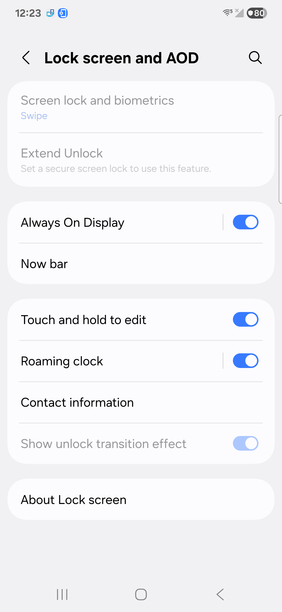 Samsung Galaxy Lock screen and AOD settings with the Always On Display switch