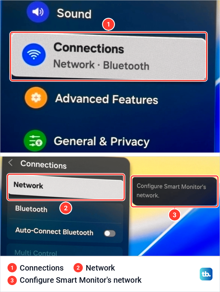 Samsung All Settings menu with Connections highlighted, above the Connections menu with Network highlighted and its help text.