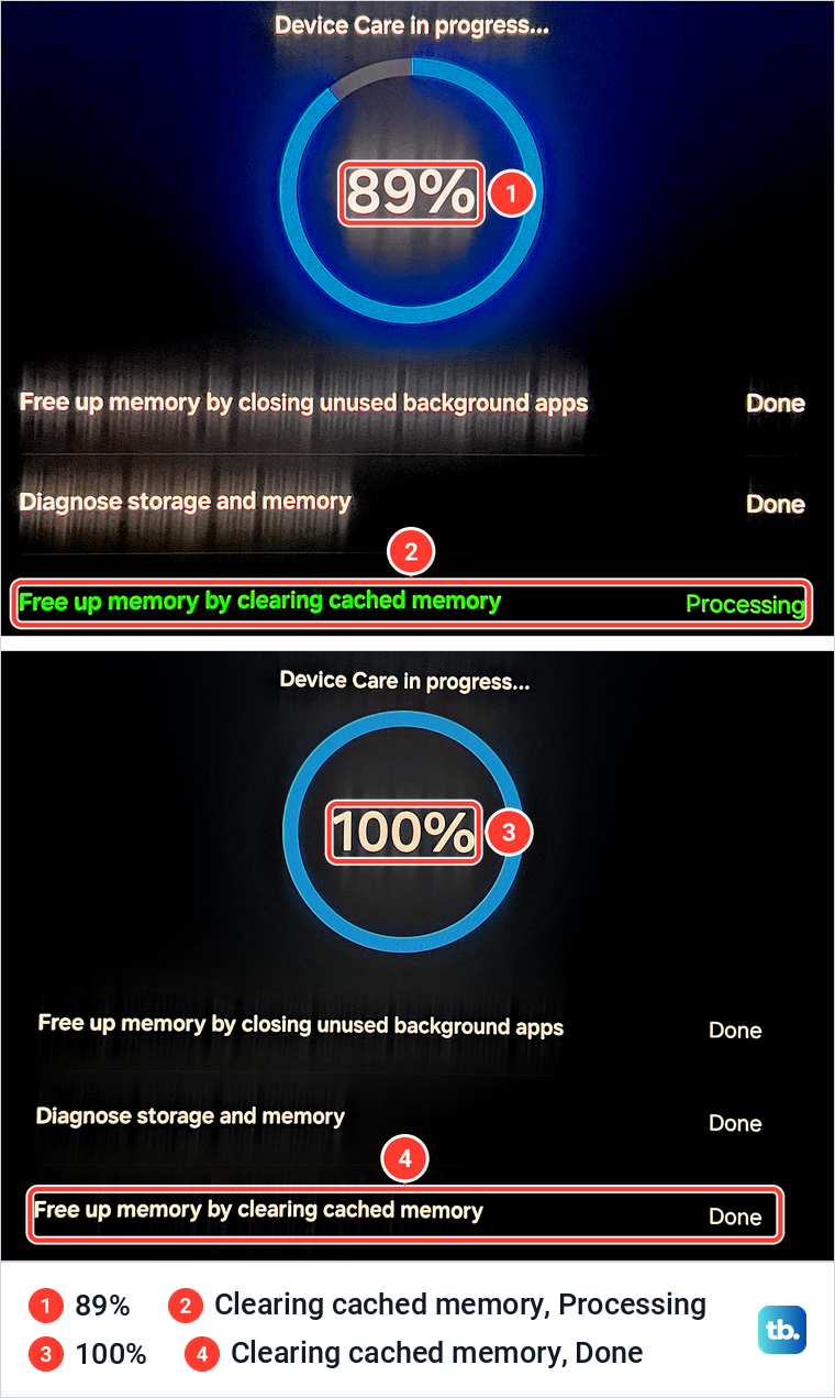 Samsung Device Care scan at 89 percent with cached memory clearing in progress, then at 100 percent with every step done.
