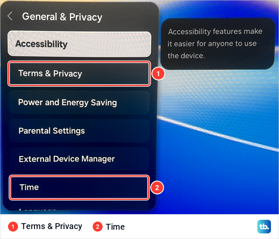 Samsung General and Privacy menu with the Terms and Privacy row and the Time row marked.
