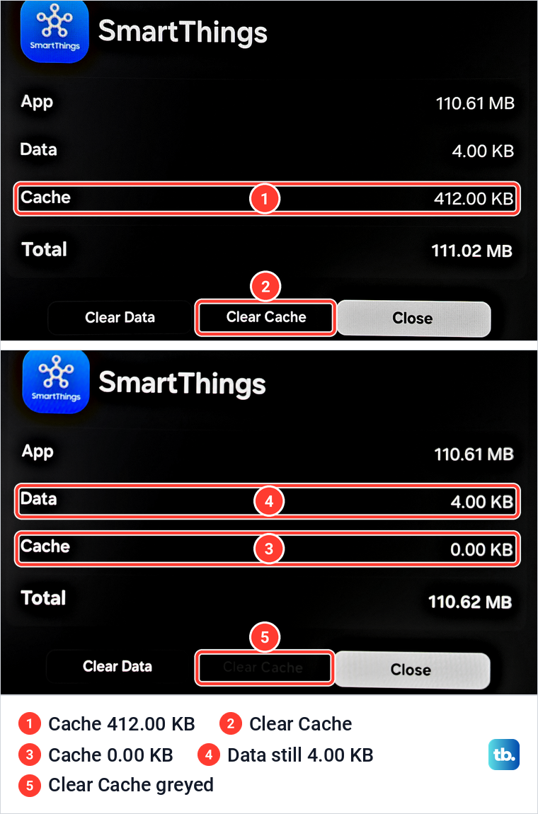 SmartThings storage details before and after Clear Cache, with the cache falling from 412 KB to 0 KB.