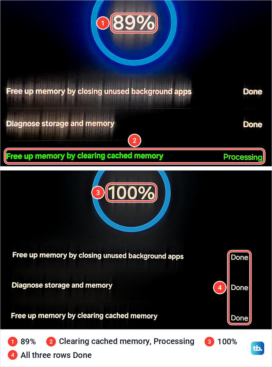 Two Samsung Device Care screens, one at 89 percent and one at 100 percent with every row marked Done.