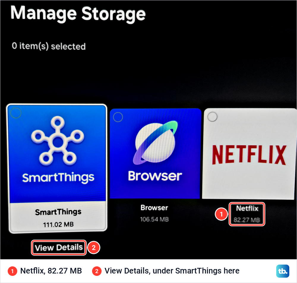 Samsung Manage Storage screen listing SmartThings, Browser and Netflix with their sizes and View Details.