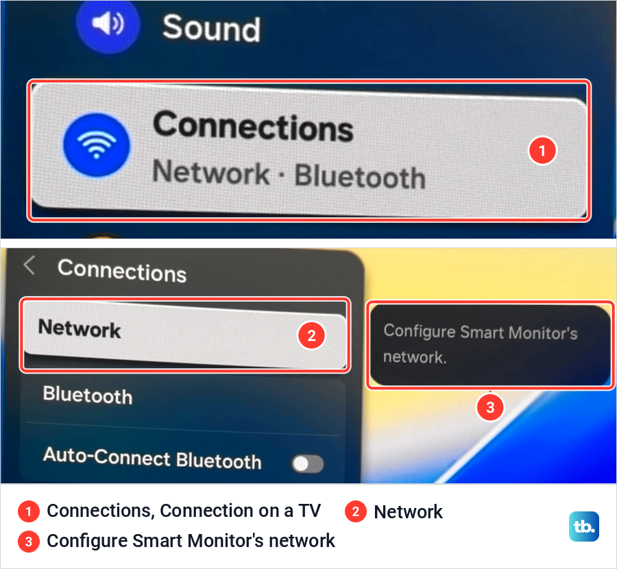 Samsung settings with the Connections category highlighted above the Connections menu with Network selected.