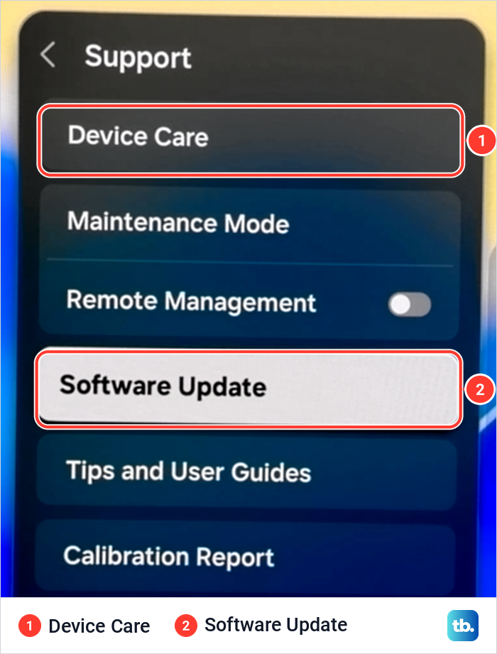 Samsung Support menu with Device Care at the top and Software Update highlighted three rows below it.