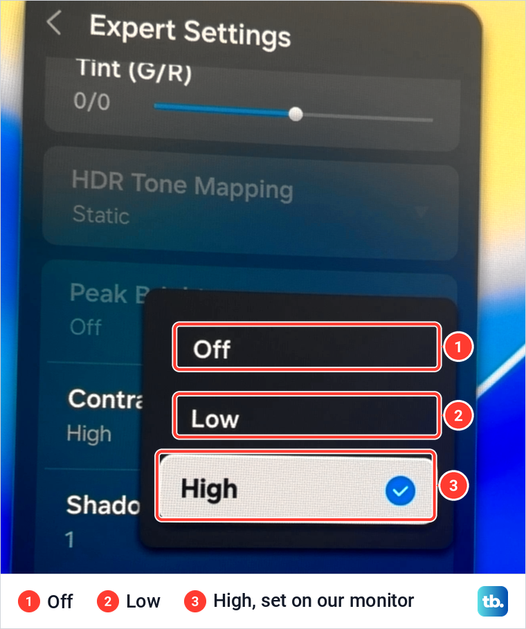 Samsung Expert Settings with the Contrast Enhancer list open showing Off, Low and High, with High ticked.