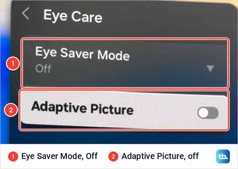 Samsung Eye Care menu showing Eye Saver Mode set to Off and the Adaptive Picture switch turned off.