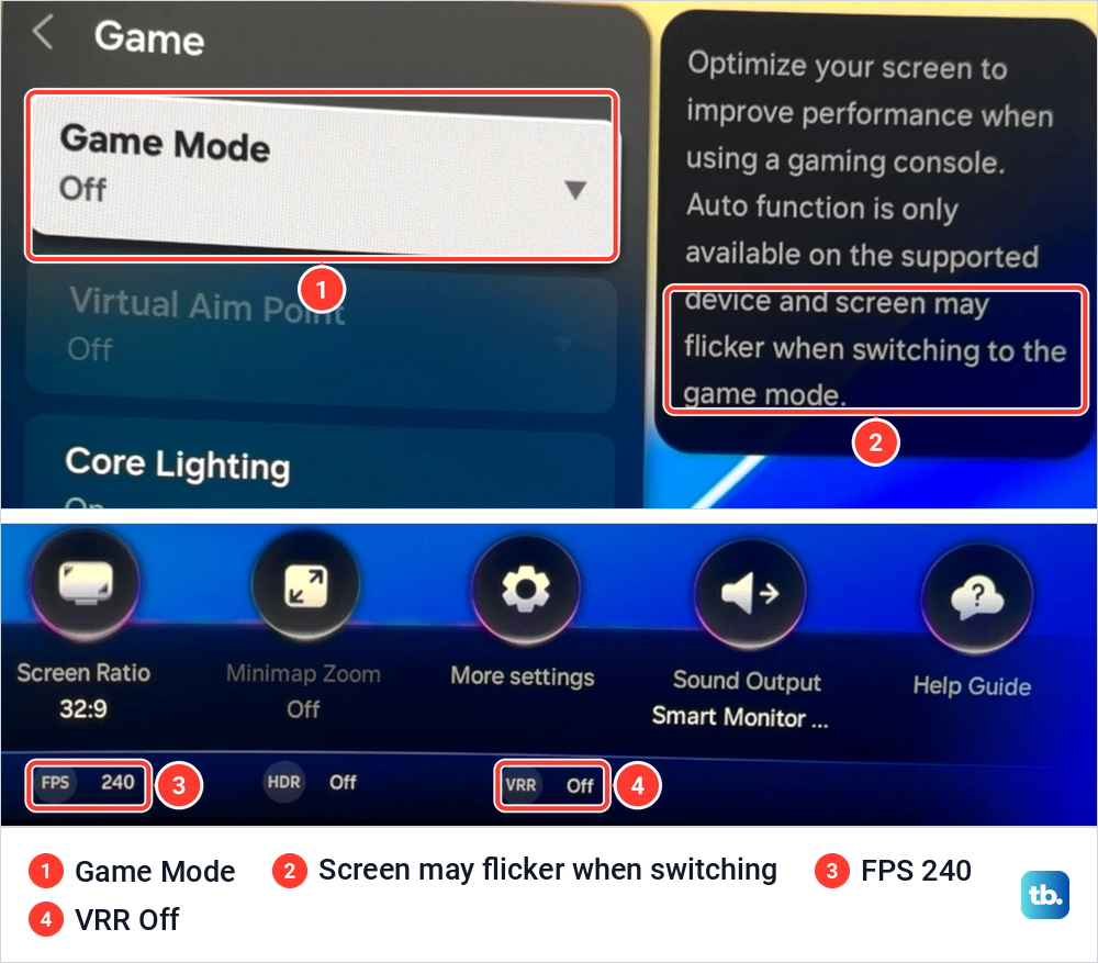 Samsung Game menu with the note that the screen may flicker when switching to Game Mode, above the Game Bar status line.
