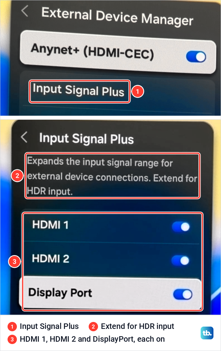 Samsung External Device Manager with Input Signal Plus marked, above its page with a switch for each port.