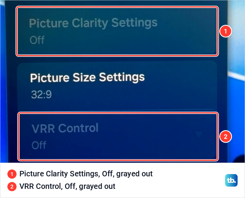 Samsung Expert Settings rows for Picture Clarity Settings and VRR Control, both set to Off and grayed out.